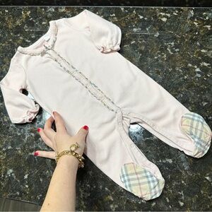 Burberry Baby Girl Pink Footie Owerall 3-6M Check Trim Designer Romper Newborn
